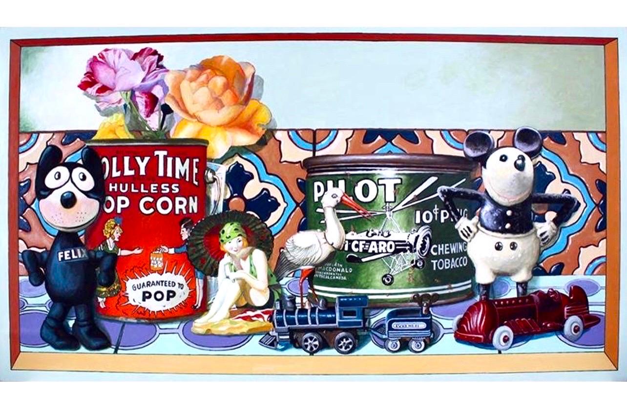 Grande peinture Pop Art de Ralph Massey California Vintage Americana, Toys Old Cars