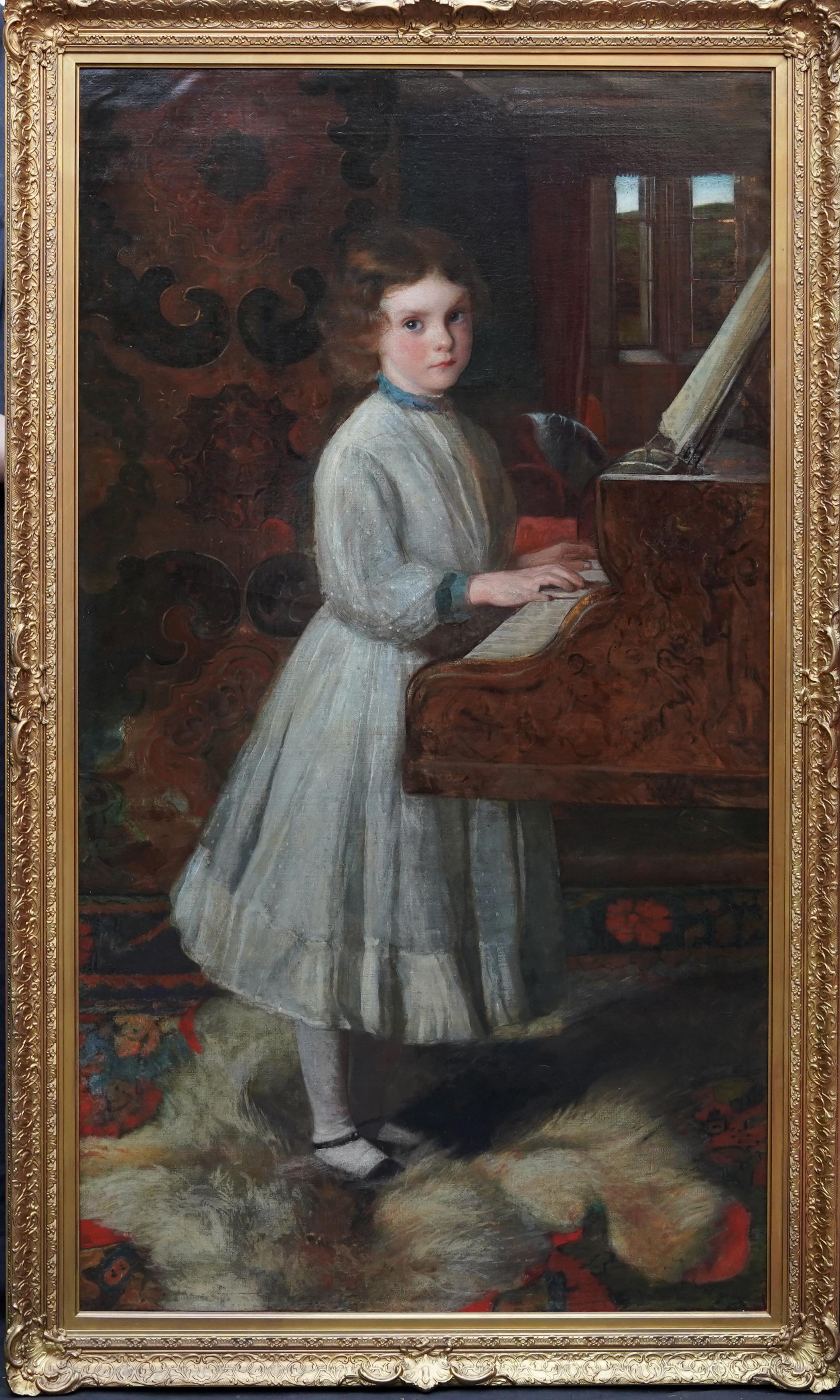 Ritratto di ragazza che suona il pianoforte - Quadro ad olio di arte musicale del XIX secolo britannico in vendita 8