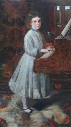 Portrait of a Girl Playing Piano - British 19th century musical art oil painting