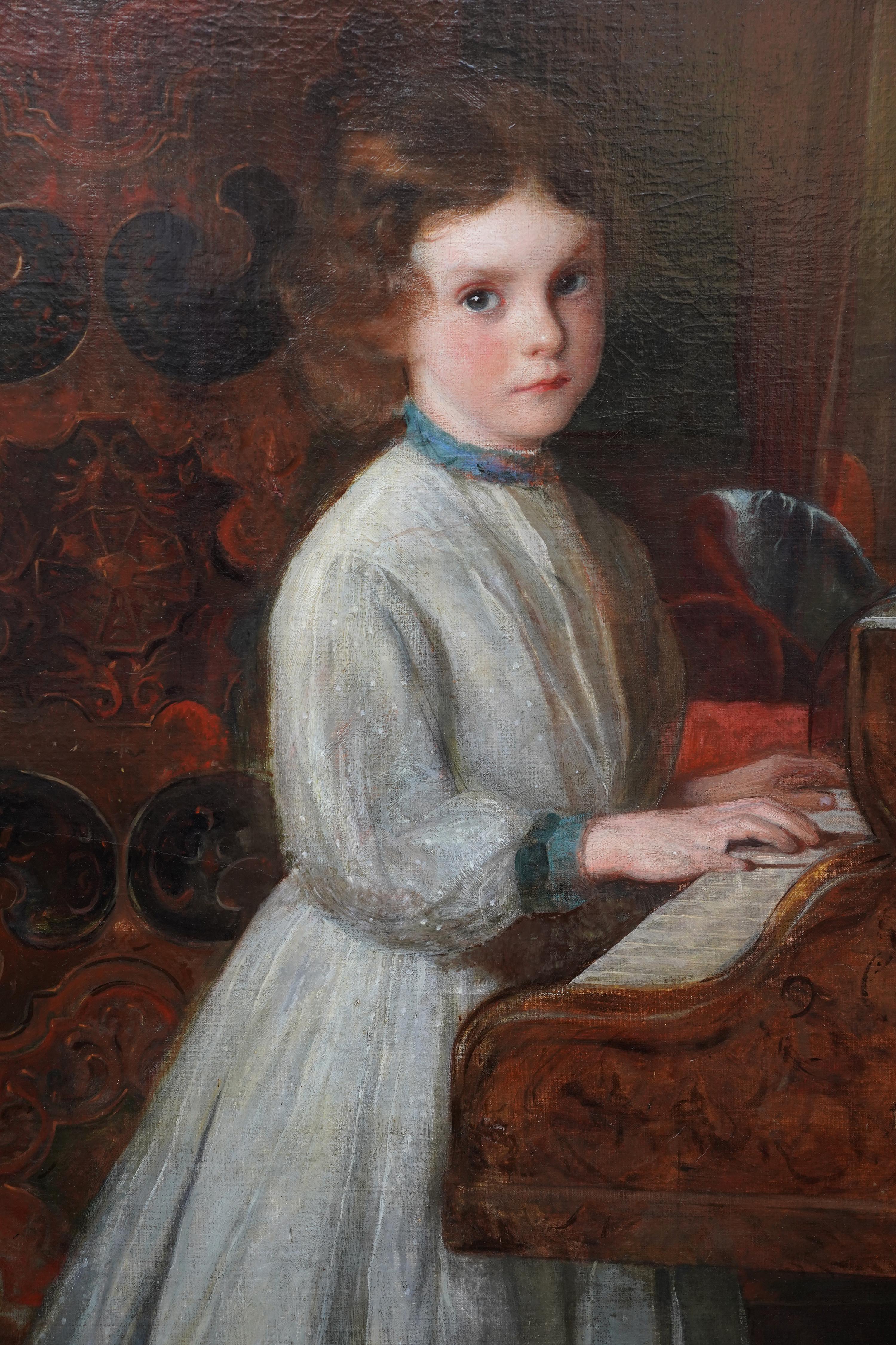 Ritratto di ragazza che suona il pianoforte - Quadro ad olio di arte musicale del XIX secolo britannico - Painting Vittoriano di Ralph Peacock
