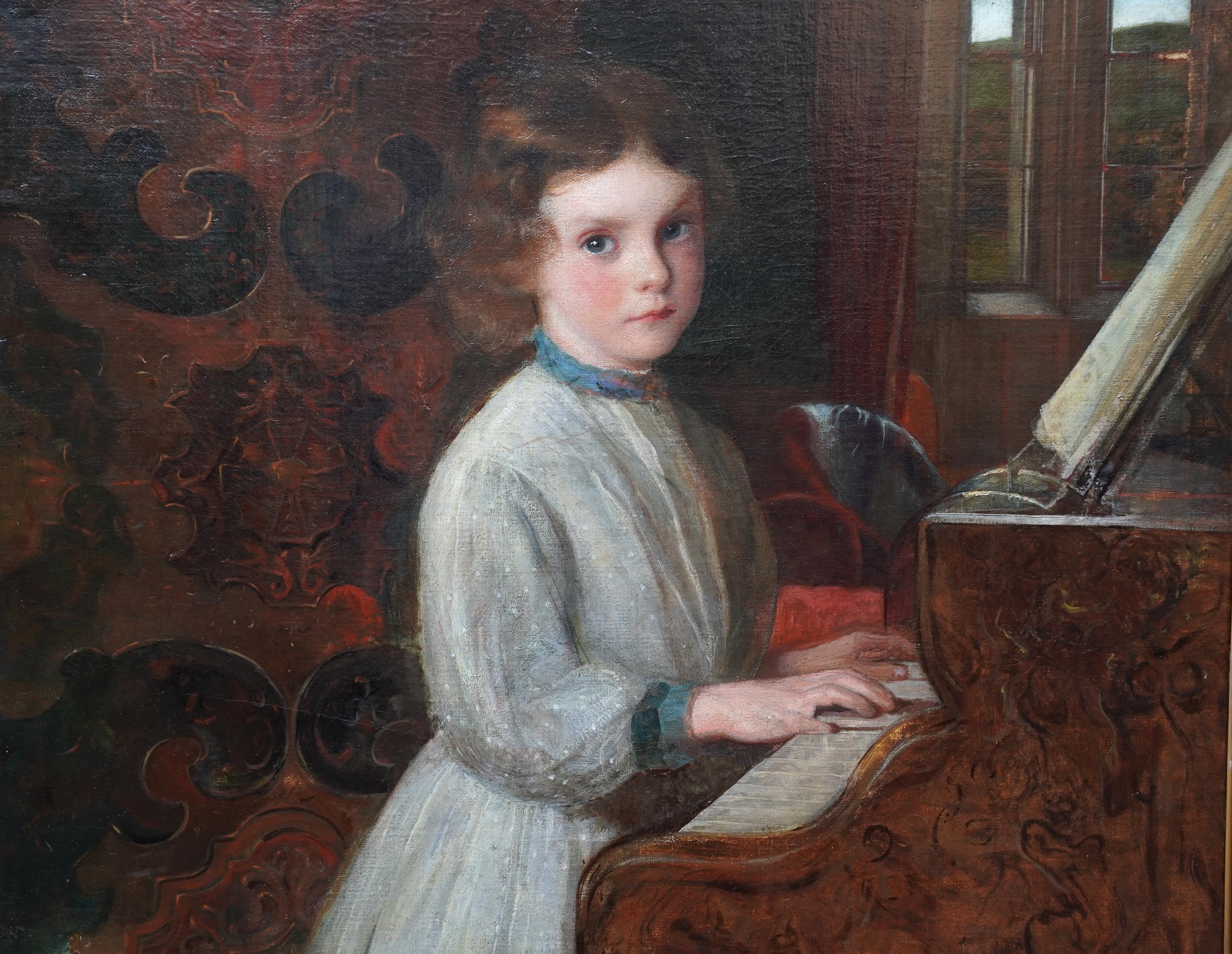 Ritratto di ragazza che suona il pianoforte - Quadro ad olio di arte musicale del XIX secolo britannico - Interior Painting Nero di Ralph Peacock