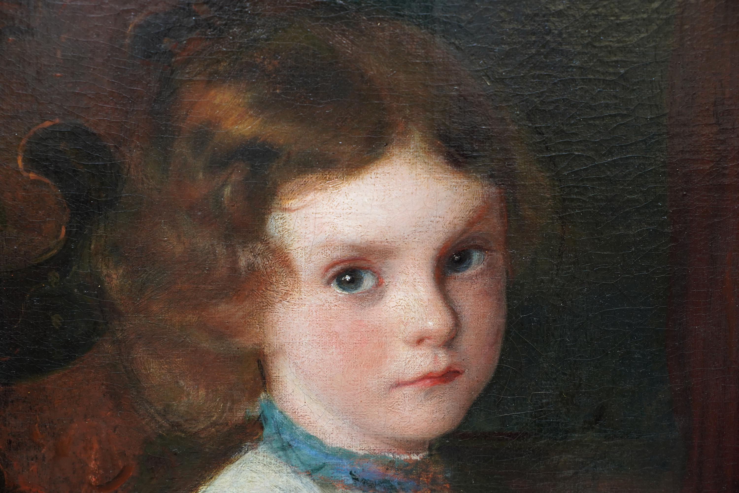 Questo superbo ritratto vittoriano di grandi dimensioni in un interno dipinto a olio è attribuito alla cerchia di Ralph Peacock. Peacock dipinse un gran numero di bambini di famiglie benestanti del XIX secolo, spesso con sfondi e tessuti lussuosi e