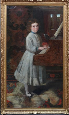 Portrait of a Girl Playing Piano - British 19th century musical art oil painting