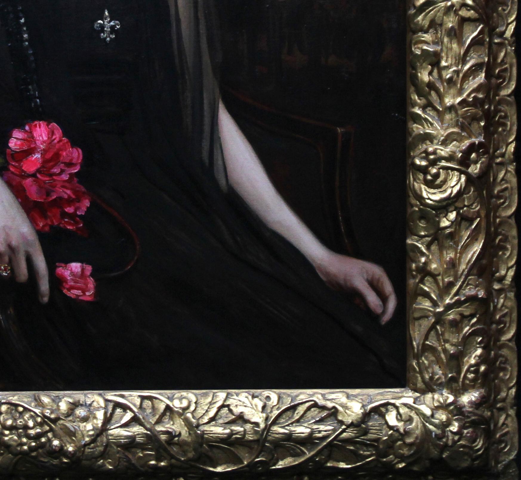 This stunning British Edwardian portrairt oil painting is by noted 19th century born portrait painter Ralph Peacock .Painted circa 1900 it is a seated portrait of a lady in a black dress with shiffon sleeves and beautiful pink flowers in her lap.