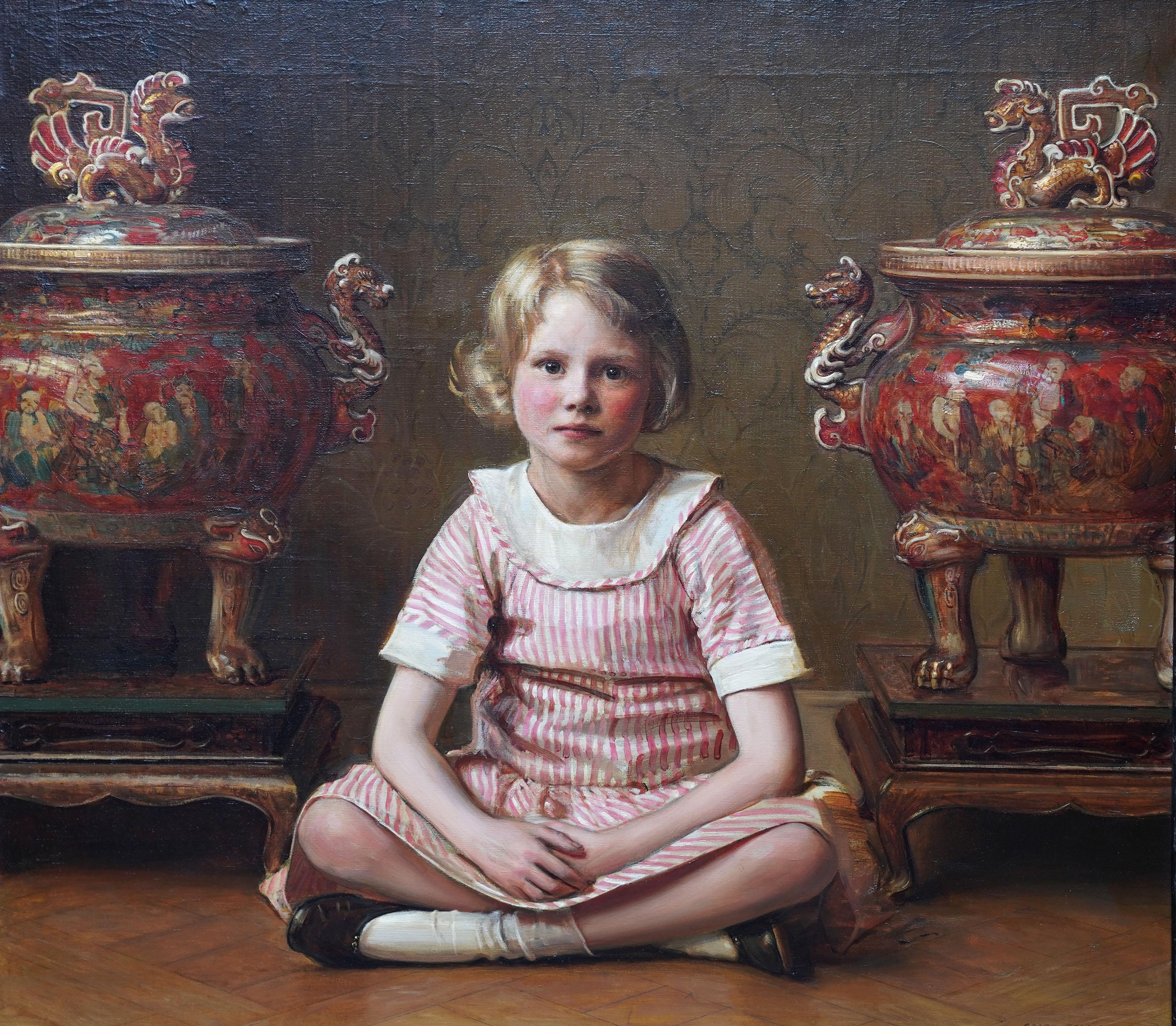 Portrait of Mary - British RA exh interior portrait oil painting Japanese urns 8