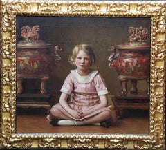 Portrait of Mary - British RA exh interior portrait oil painting Japanese urns