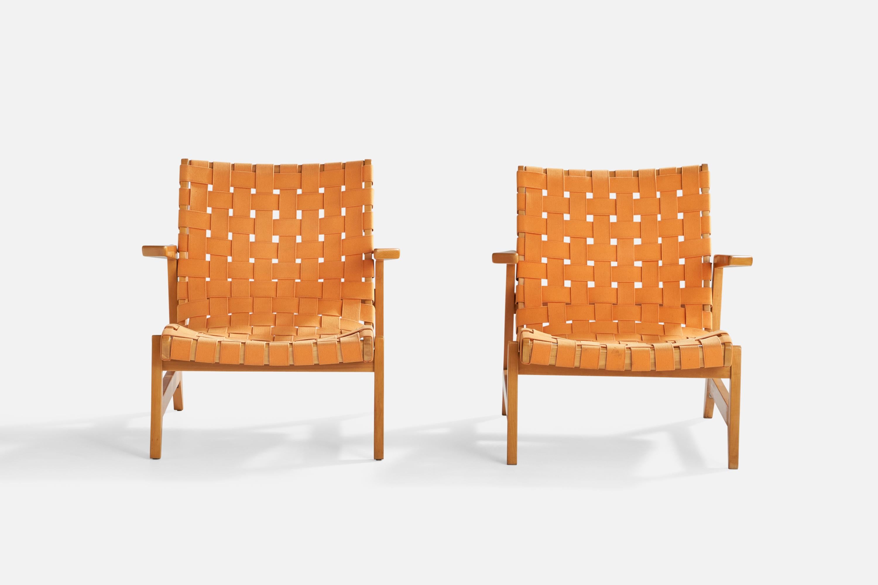 Mid-Century Modern Ralph Rapson, Rare Lounge Chairs, Maple, Cotton, Brass, USA, 1945 For Sale