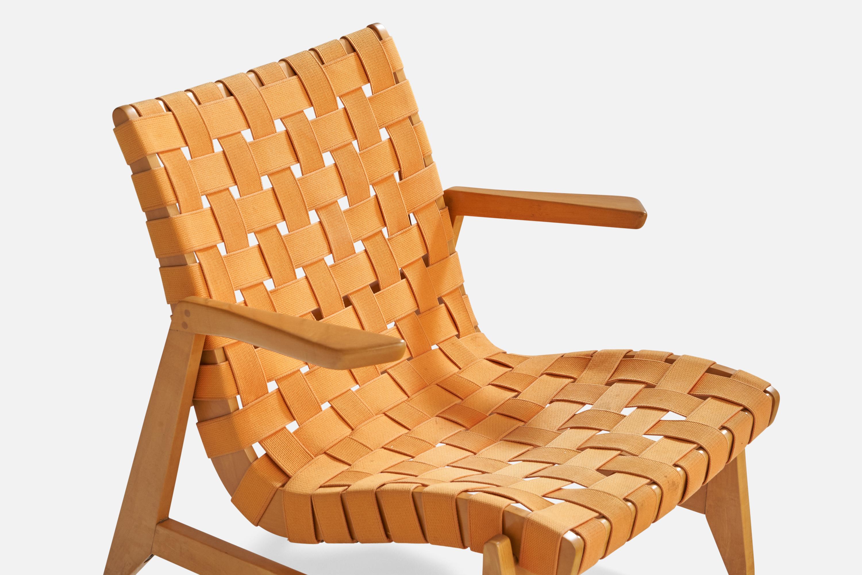 Mid-20th Century Ralph Rapson, Rare Lounge Chairs, Maple, Cotton, Brass, USA, 1945 For Sale