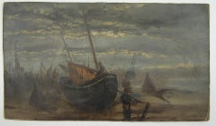 Ralph R. Stubbs - Low tide at Sunset - English 19th Century Marine Oil Painting
