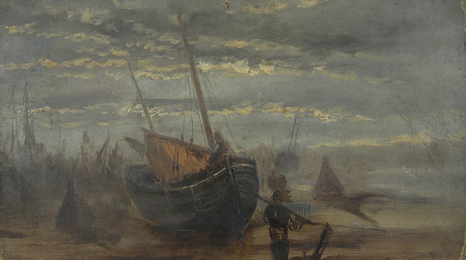  Ralph Reuben / Ruben Stubbs Landscape Painting - Ralph R. Stubbs - Low tide at Sunset - English 19th Century Marine Oil Painting