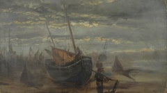 Ralph R. Stubbs - Marée basse au coucher du soleil - Peinture à l'huile marine anglaise du XIXe siècle