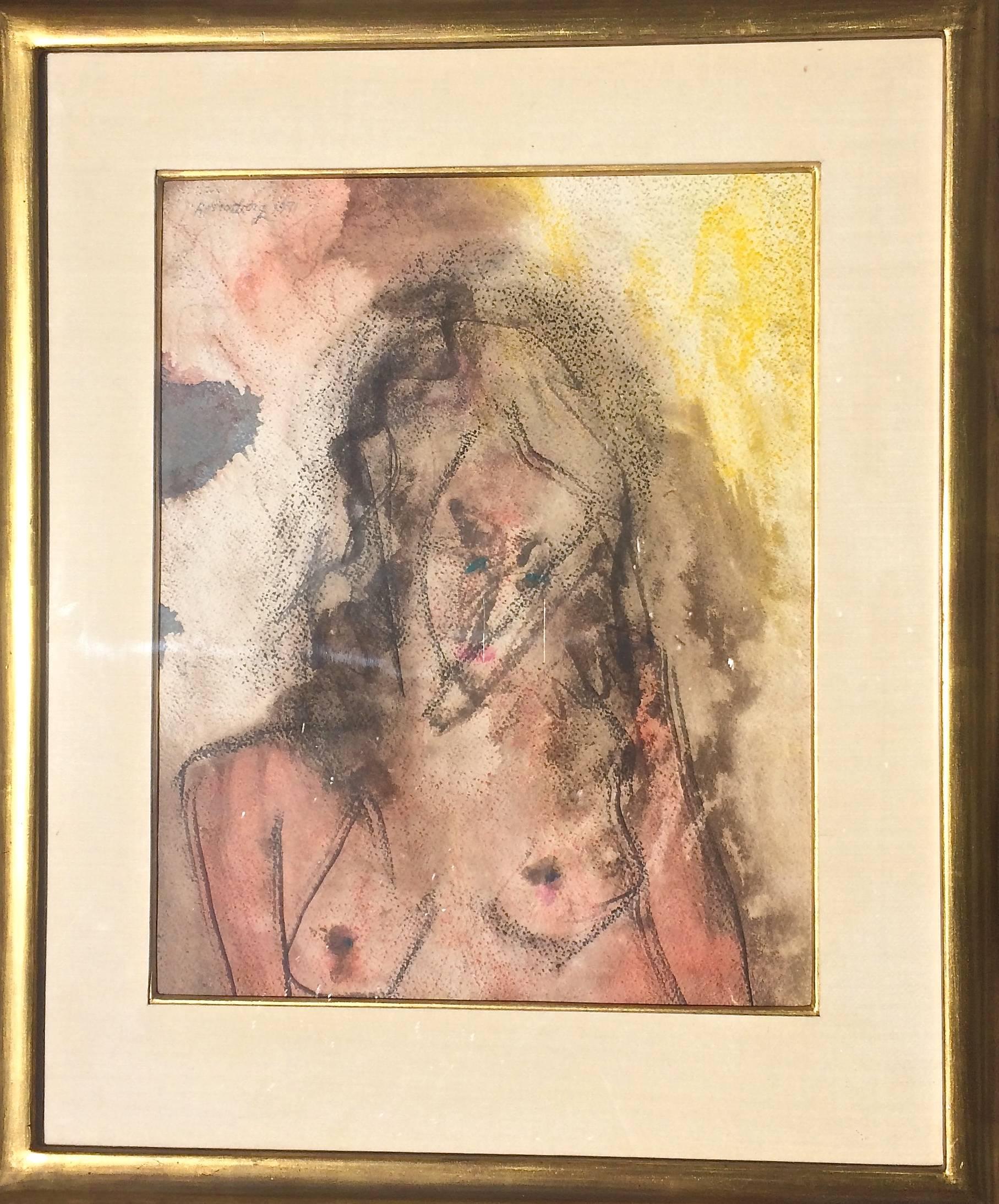  Expressionistische Aquarellmalerei der jungen Frau (Braun), Nude Painting, von Ralph Rosenborg