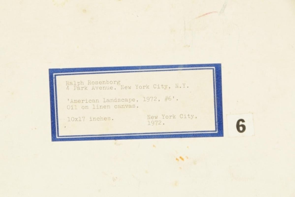 Ralph Rosenborg (1913 - 1992)
American Landscape, #6, 1972
Oil on Canvas
9 1/4 x 16 1/2 inches
Signed upper right: Rosenborg 1972

Working amid a critical period in the rise of American modernism, Ralph Rosenborg was a leading contributor to the