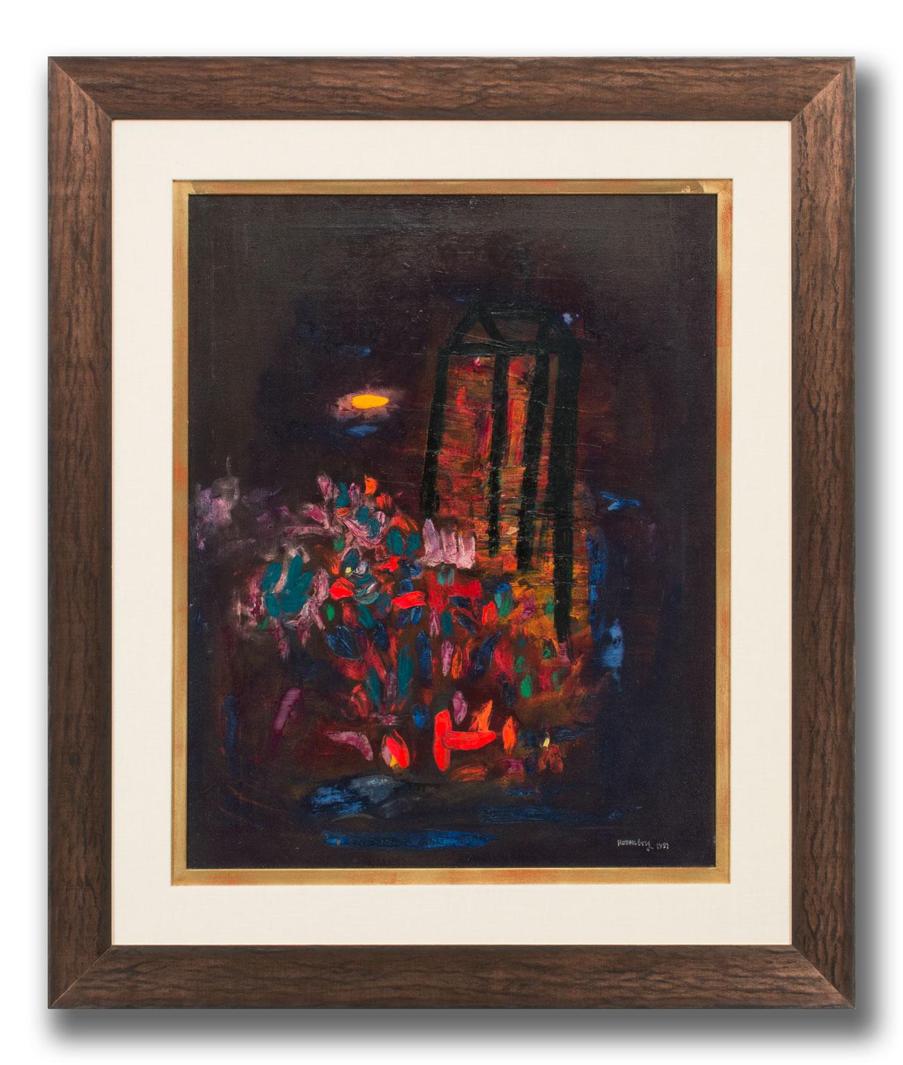 « House, & Flowers, & Moonlight », peinture à l'huile sur toile encadrée de Ralph Rosenborg en vente 1