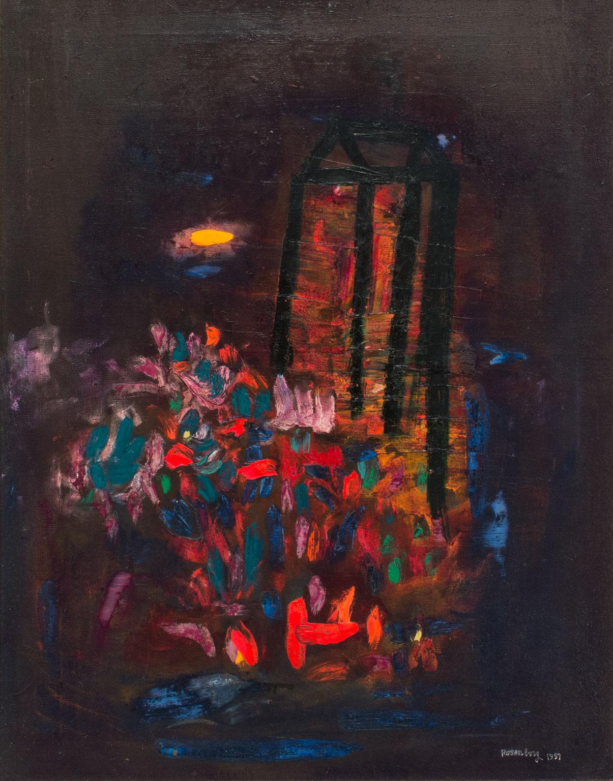 « House, & Flowers, & Moonlight », peinture à l'huile sur toile encadrée de Ralph Rosenborg en vente 2