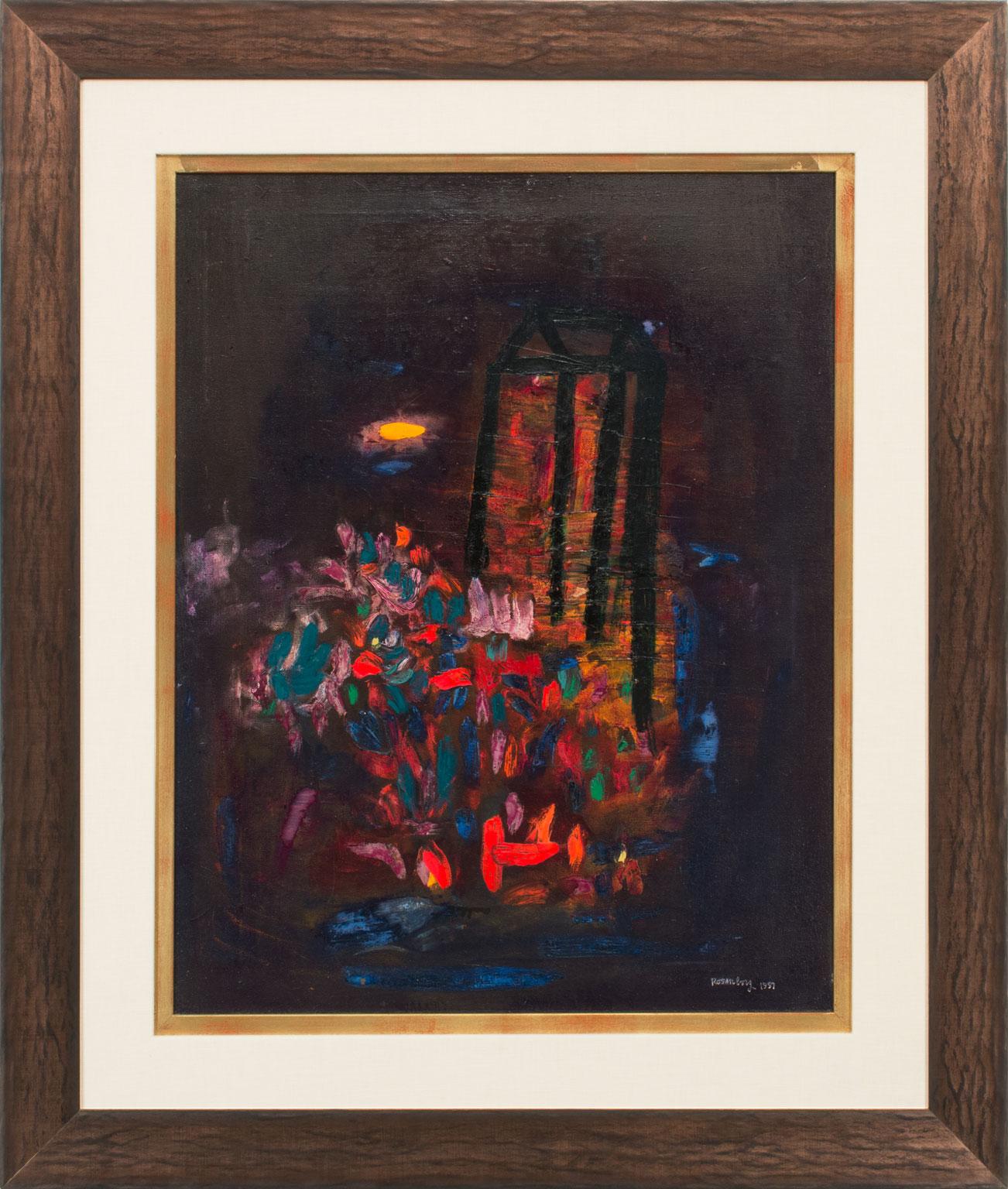 "Casa, fiori e chiaro di luna" dipinto a olio su tela di Ralph Rosenborg con cornice