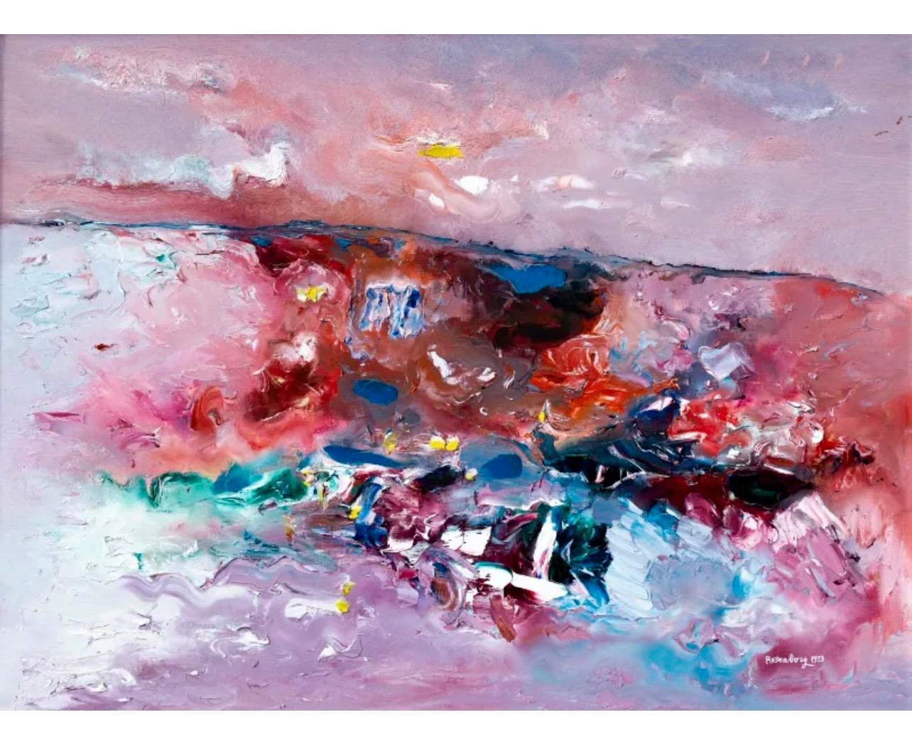 Grande peinture à l'huile expressionniste abstraite moderniste représentant un paysage de plage coloré 