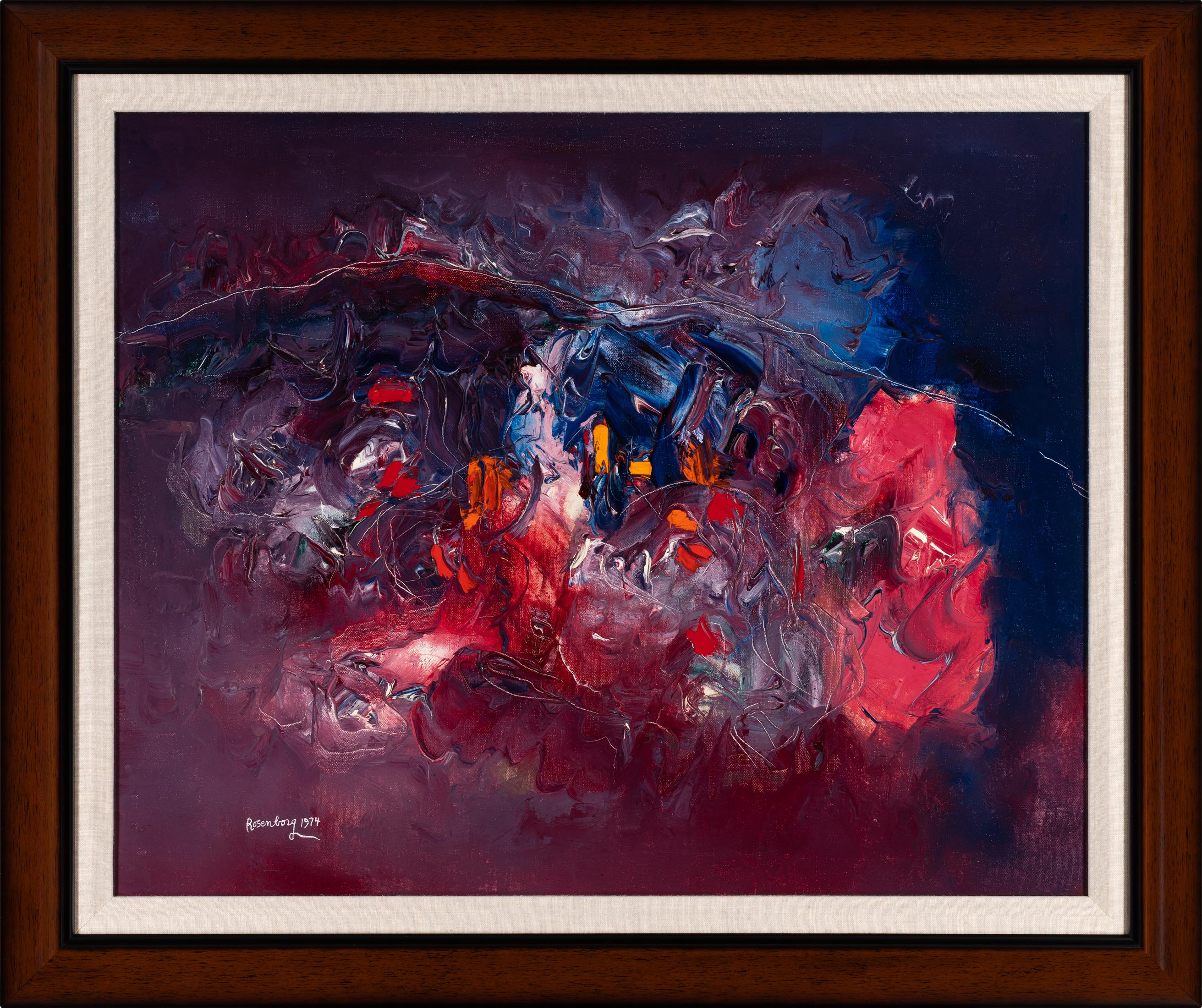 RALPH ROSENBORG – "NIGHT MOUNTAIN LANDSCAPE, 1974"
Oil on Canvas ⚜ Signed Lower Left and on Verso ⚜ Custom Conservation Frame

A VIVID ABSTRACT VISION OF MOUNTAINOUS NIGHTSCAPE
In "Night Mountain Landscape, 1974," Ralph Rosenborg explores the