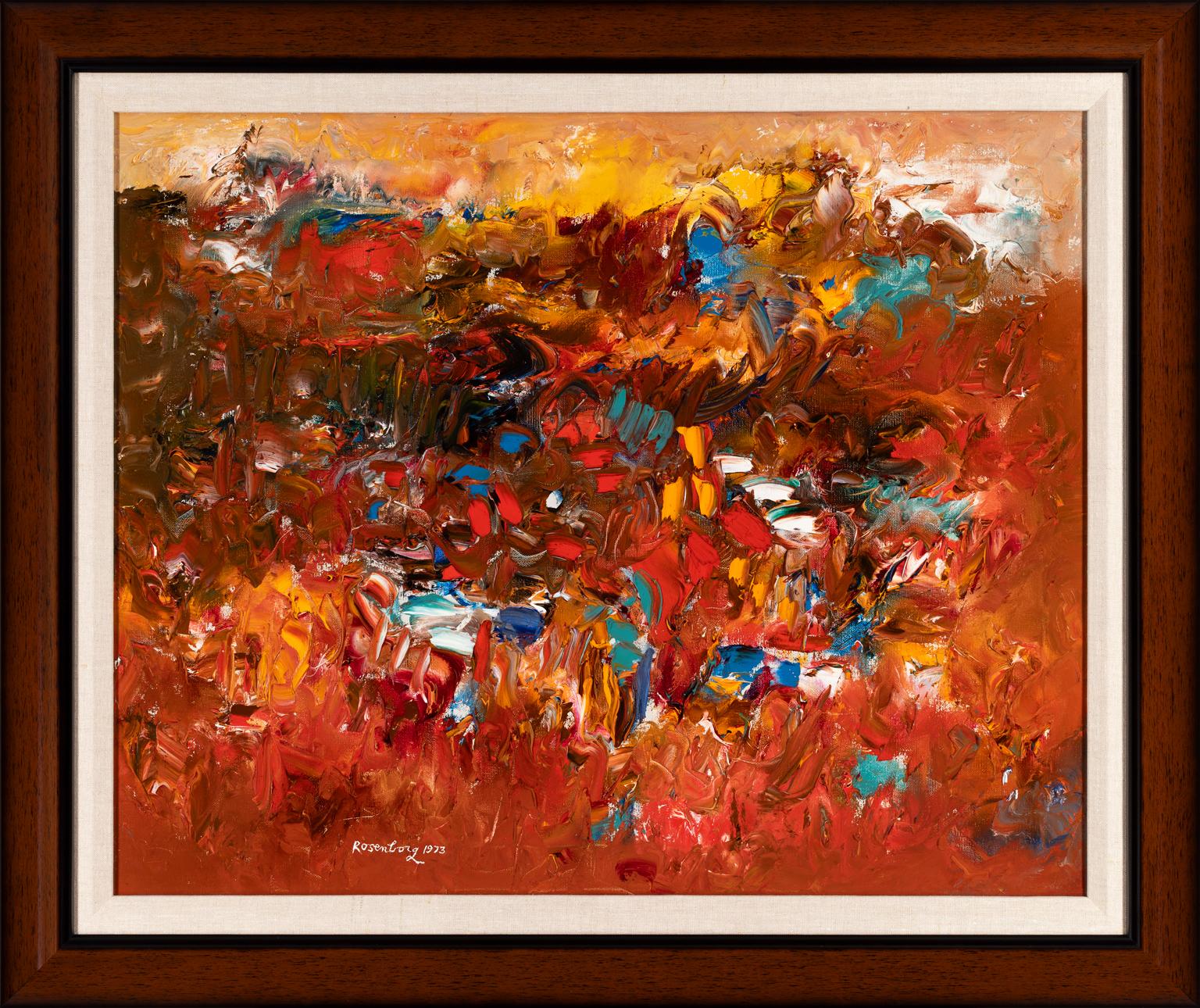 RALPH ROSENBORG - "PAESAGGIO: GIARDINO DI FIORI, 1973"
Olio su tela ⚜ Firmato e datato in basso a sinistra e sul verso ⚜ Cornice di conservazione personalizzata

UN VIBRANTE PAESAGGIO ASTRATTO DI UN MODERNISTA AMERICANO
Dipinto nel 1973, Paesaggio: