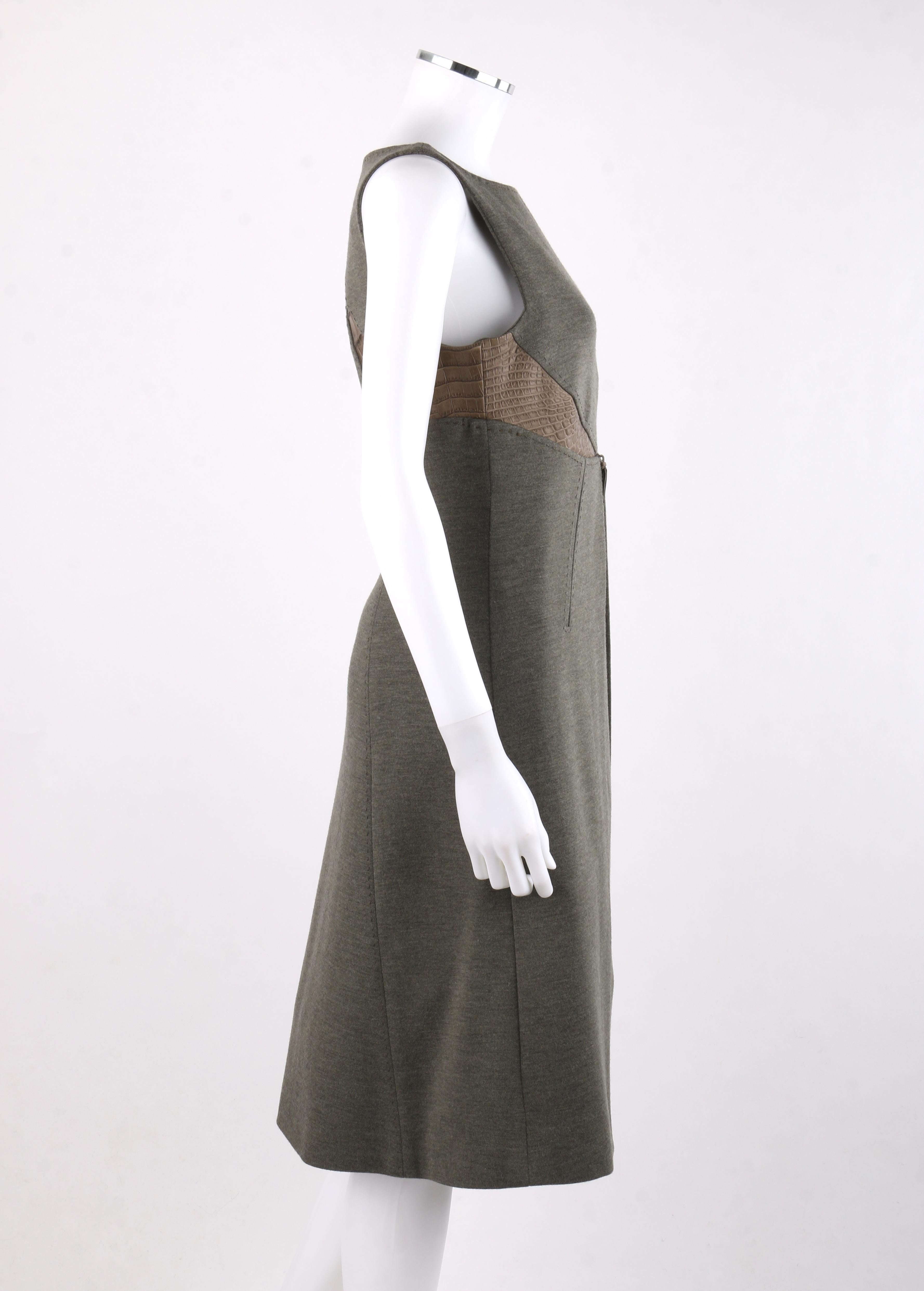 RALPH RUCCI A/W 2006 Olive Alligator Leather Cutout Shift A-Line Cocktail Dress In Good Condition In Thiensville, WI