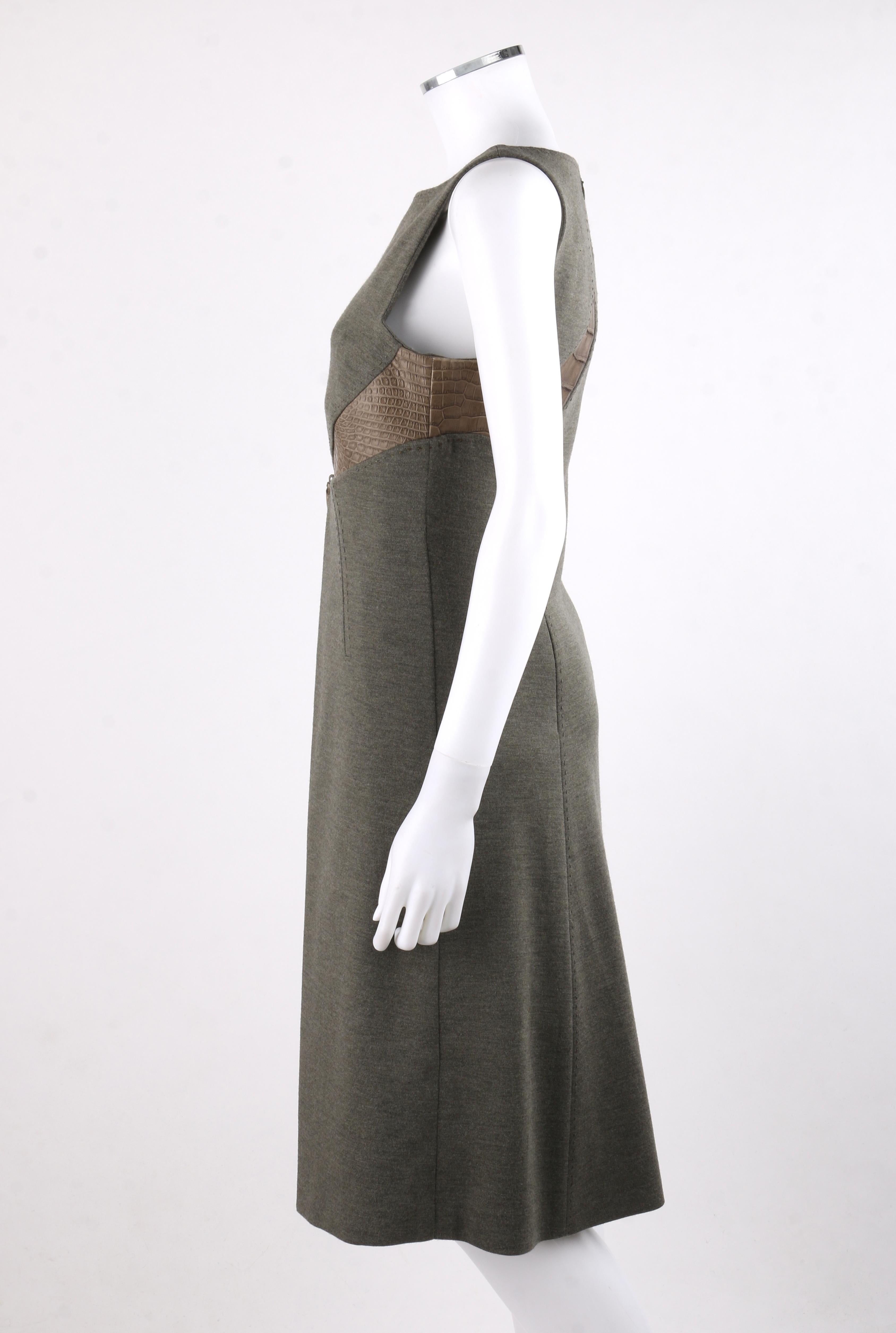 RALPH RUCCI A/W 2006 Olive Alligator Leather Cutout Shift A-Line Cocktail Dress 1