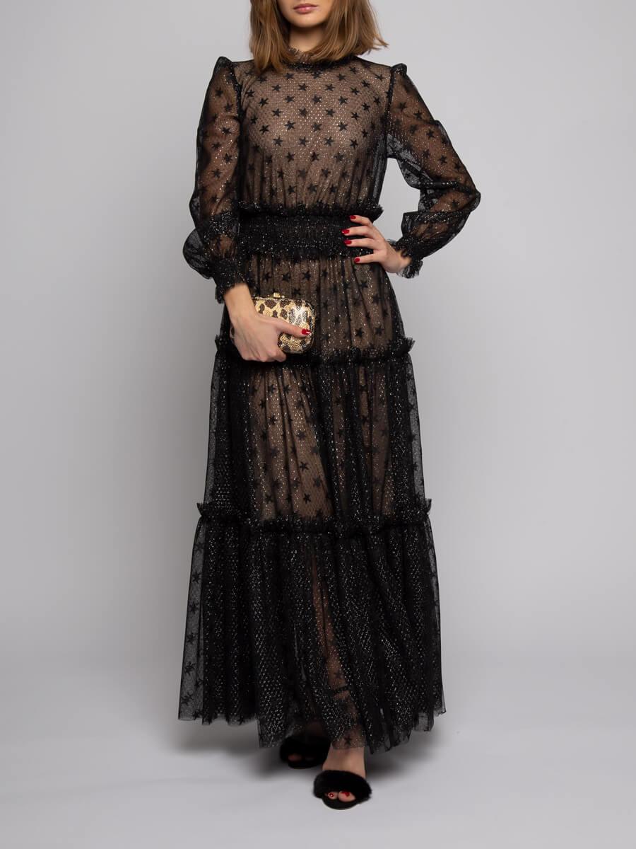 CONDITION is Never Worn. No visible wear to dress is evident on this used Ralph & Russo designer resale item.
  
Details
Black
Silk
Layered maxi dress
Regular fit
Long sleeves
Star pattern
Button up fastening down the back
High neckline
Silk