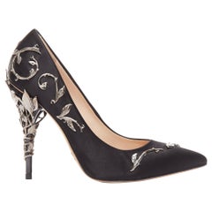 RALPH RUSSO Eden black satin gunmetal embellishments pointed pumps EU35