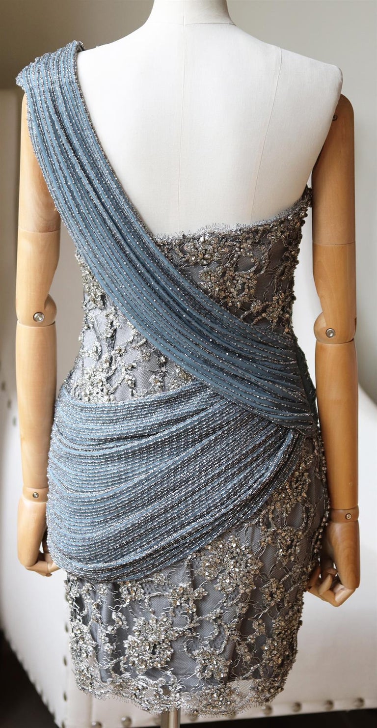 Black Ralph & Russo One Schoulder Crystal Embellished Tulle Mini Dress For Sale