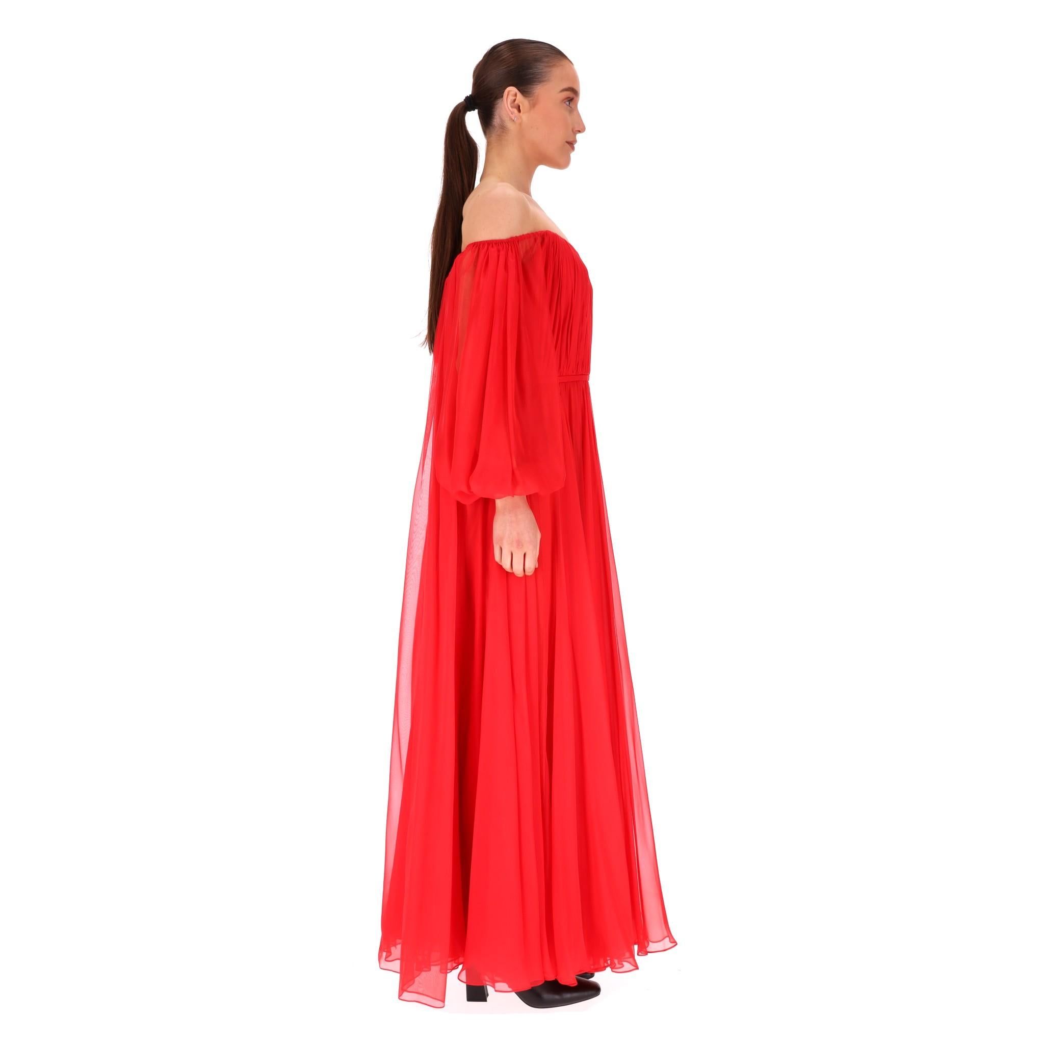 Red Ralph & Russo Silk Chiffon Off-The-Shoulder Cape Evening Dress/Gown For Sale