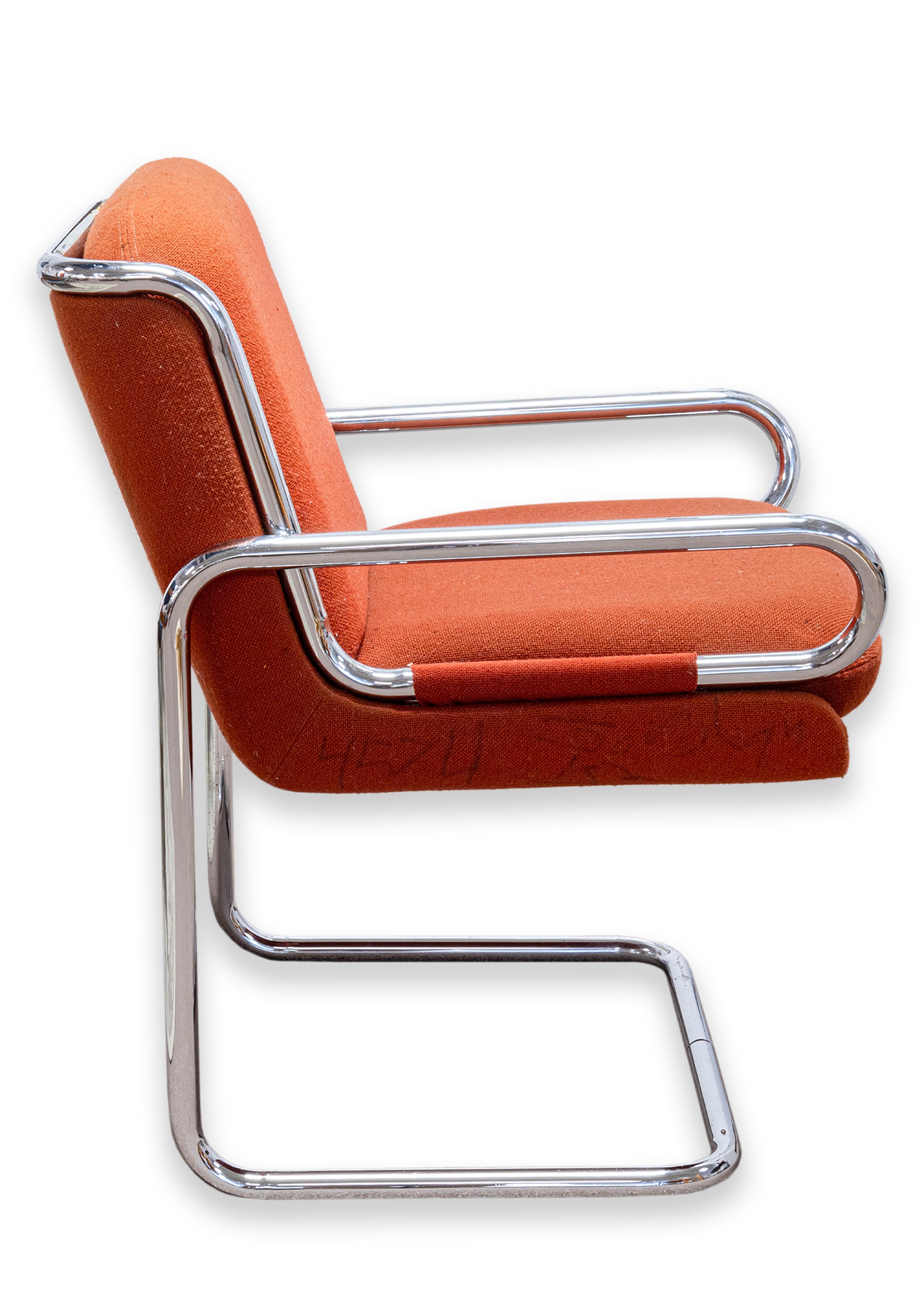 Mid-Century Modern Ralph Rye for Dunbar Chair Prototype Tubular Steel Cushion Orange Knoll Fabric For Sale