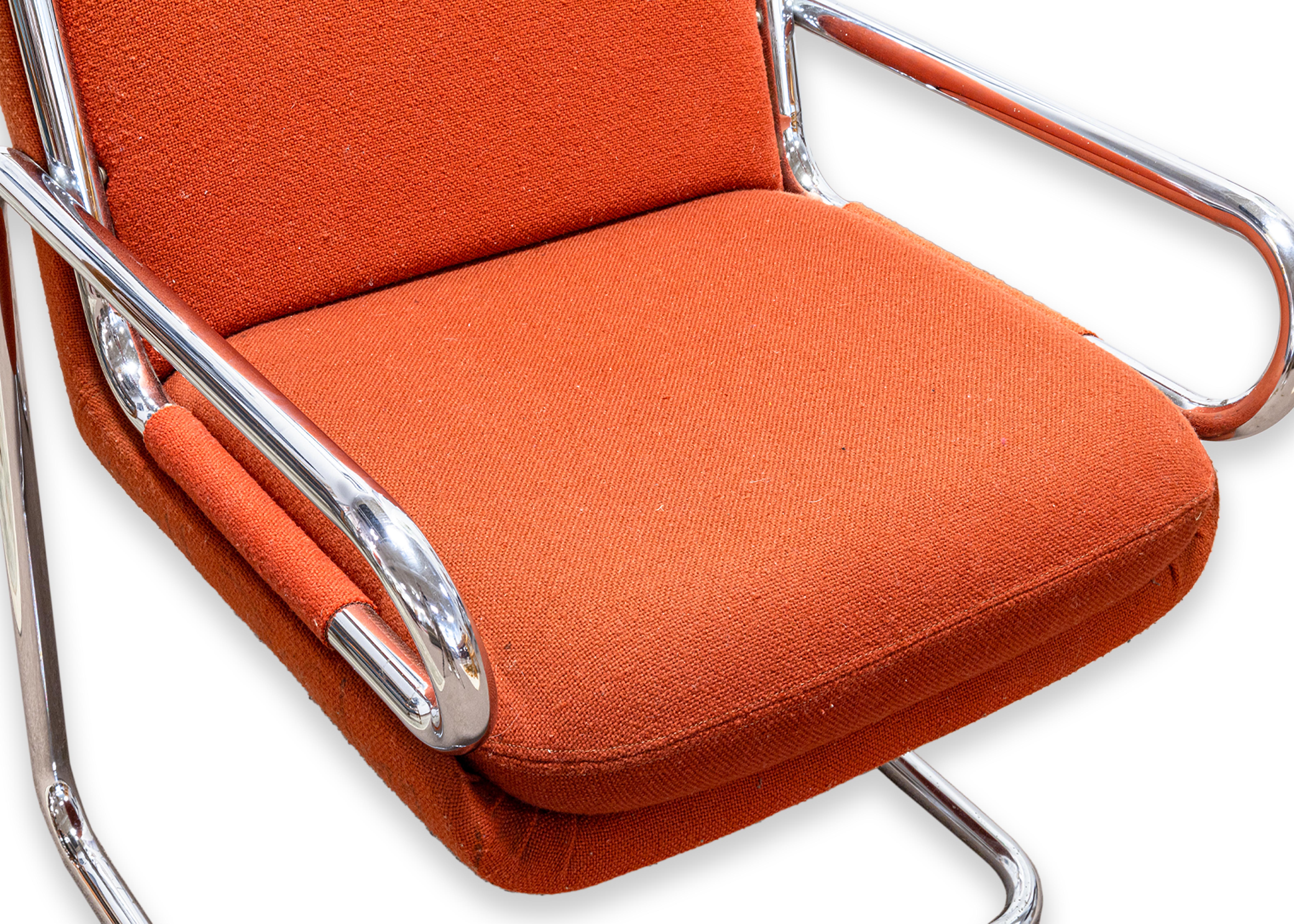 Late 20th Century Ralph Rye for Dunbar Chair Prototype Tubular Steel Cushion Orange Knoll Fabric For Sale