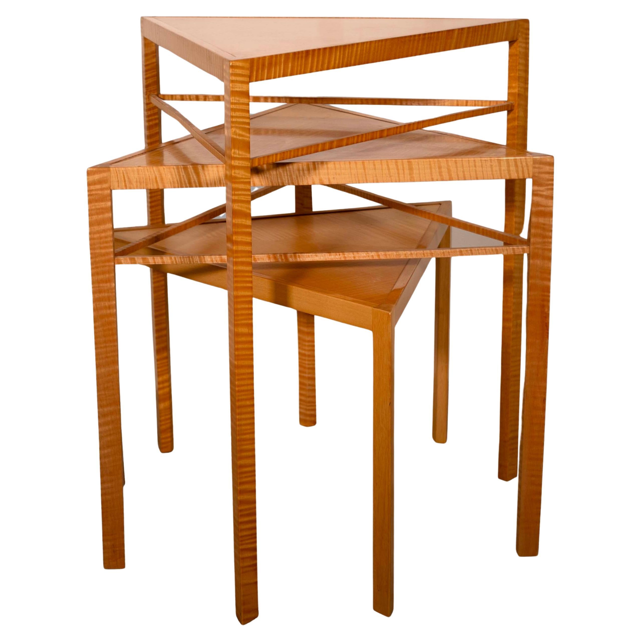 Ralph Rye Kite Tables Signed Set of 3 Postmodern Nesting Tables Curly Maple Wood For Sale