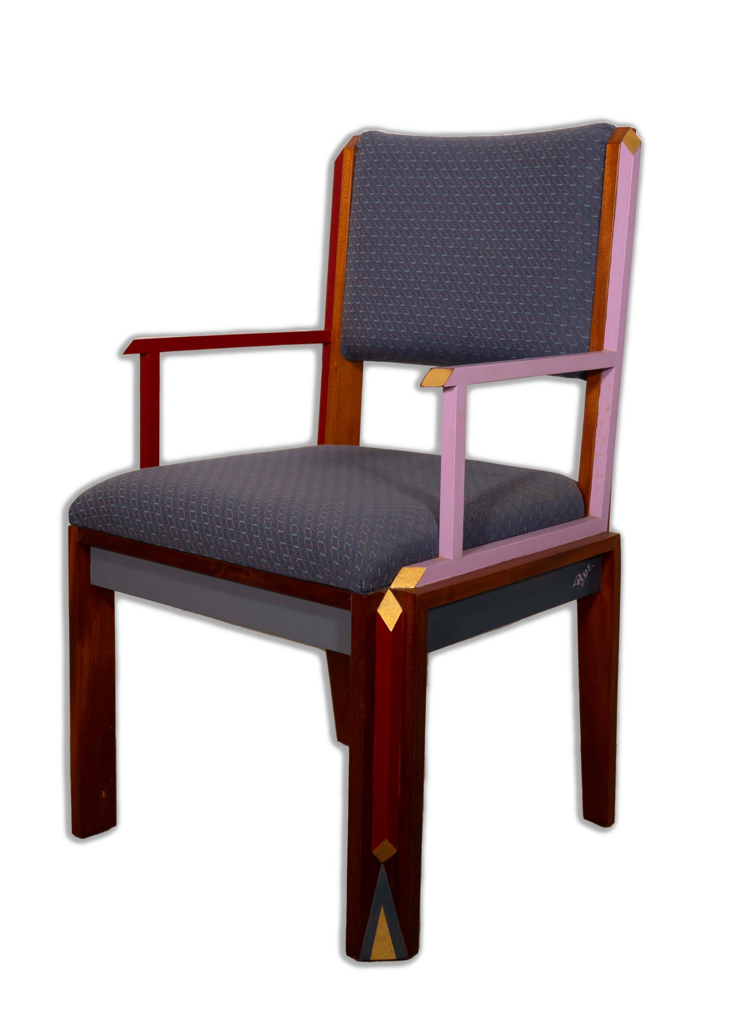American Ralph Rye Variations Armchair Signed Postmodern Hand Painted Wood 22k Gold Trim For Sale