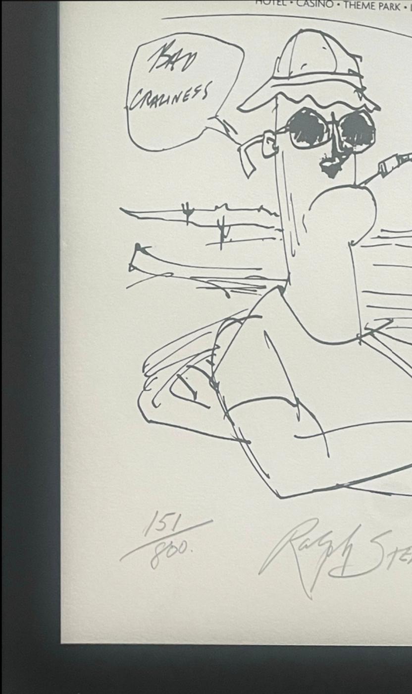 Limited edition 9 x 11 silkscreen print of a Ralph Steadman drawing entitled 'Barstow City Limit,' numbered from an edition of 800, depicting gonzo author Hunter S. Thompson driving his Red Shark, an image used to promote the Circus Circus Las Vegas