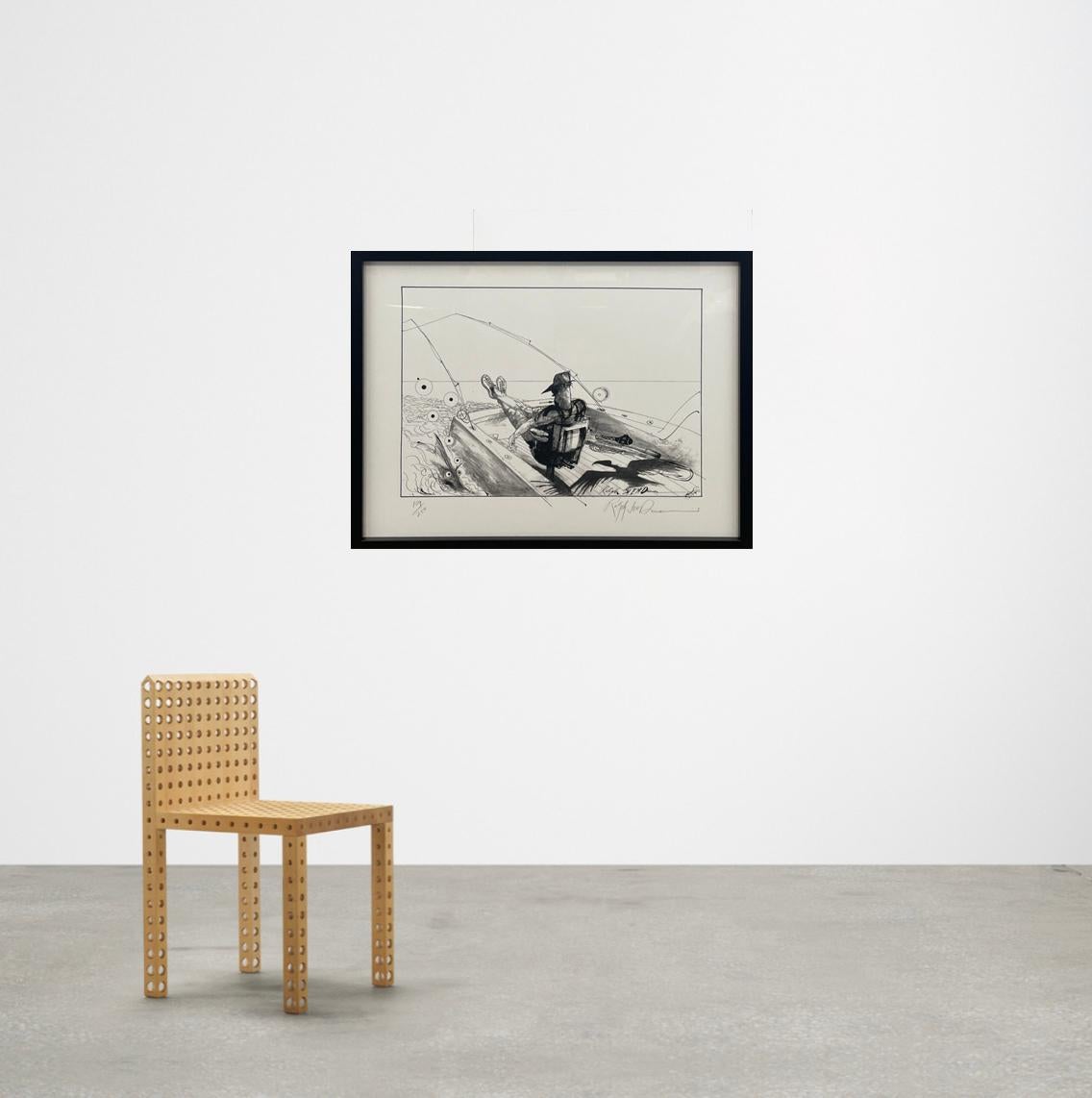 Artist: Ralph Steadman
Title: Lono's Fighting Chair
Medium: One color silkscreen on White Rising Stonehenge Deckle Edge Paper
Size: 22 x 30 Inches 
Edition: of 250
Year: 2006
Notes: Hand Signed and Numbered in Pencil by Mr. Steadman. Custom Framed