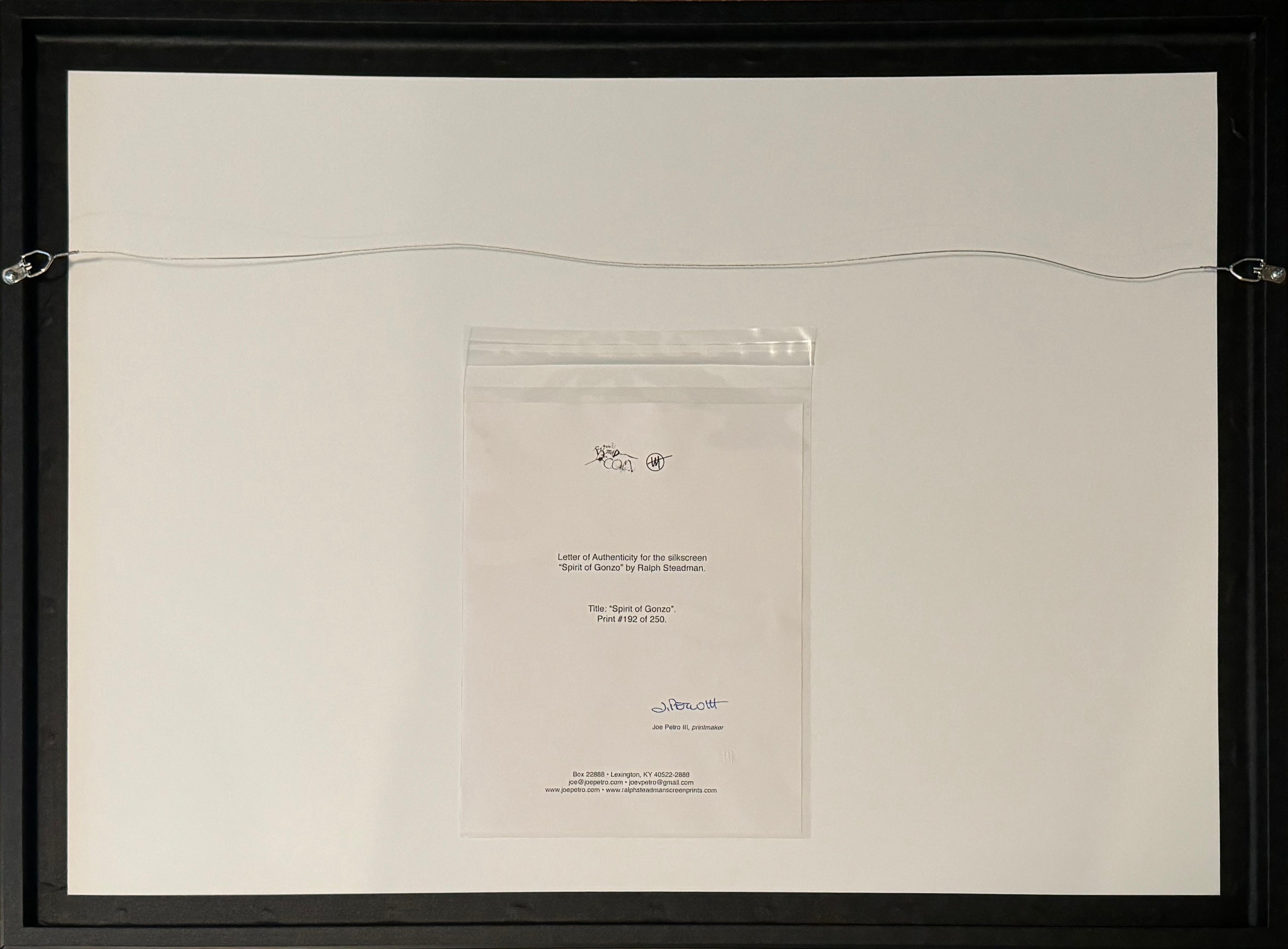 Artista: Ralph Steadman
Titolo: Spirito di Gonzo
Mezzo di comunicazione: Serigrafia a un colore su carta White Rising Stonehenge Deckle Edge
Dimensioni: 22 x 30 pollici 
Edizione: 192 di 250
Anno: 2006
Note: Firmato a mano e numerato a matita da