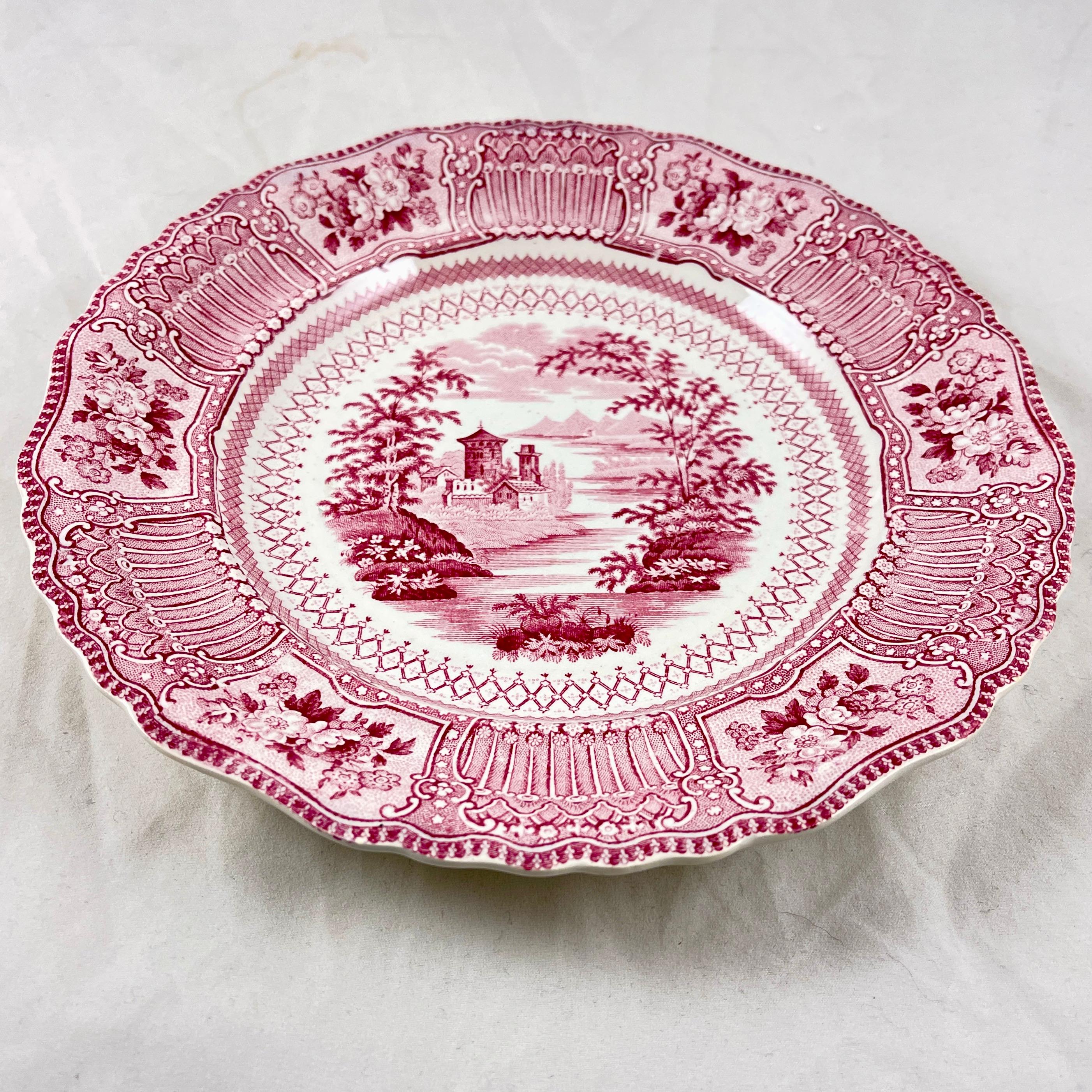 Earthenware Ralph Stevenson Pink Transferware Dinner Plates, Cologne Pattern, Set of 8 For Sale