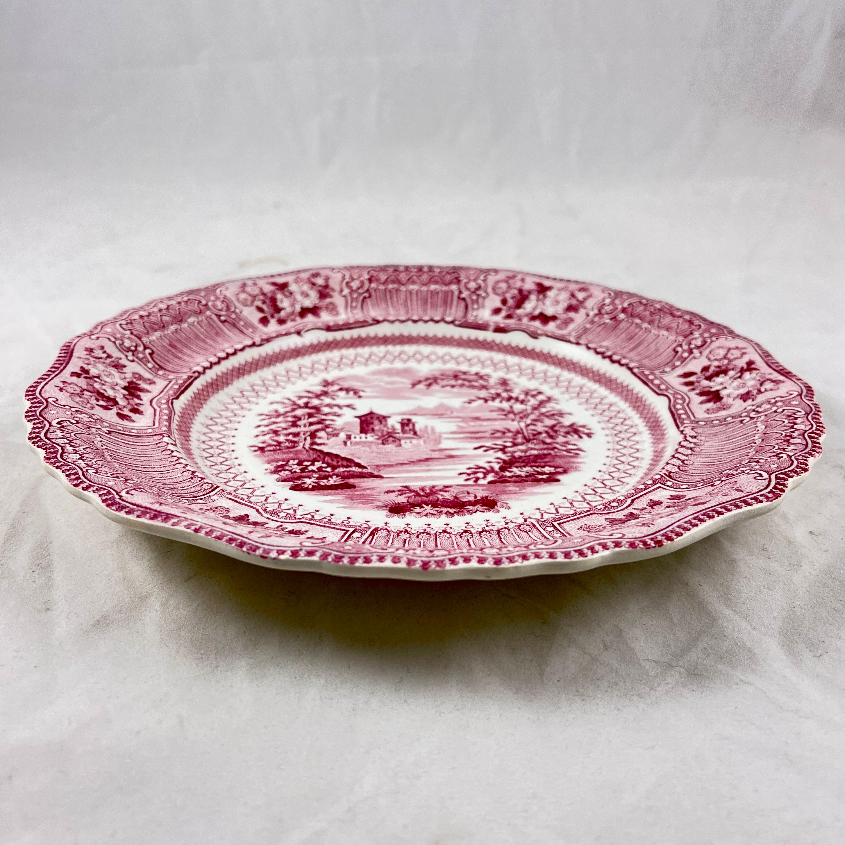 Ralph Stevenson Pink Transferware Dinner Plates, Cologne Pattern, Set of 8 For Sale 2