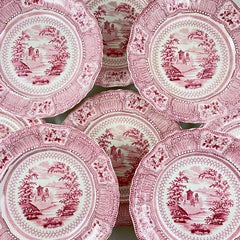 Ralph Stevenson Pink Transferware Dinner Plates, Cologne Pattern, Set of 8