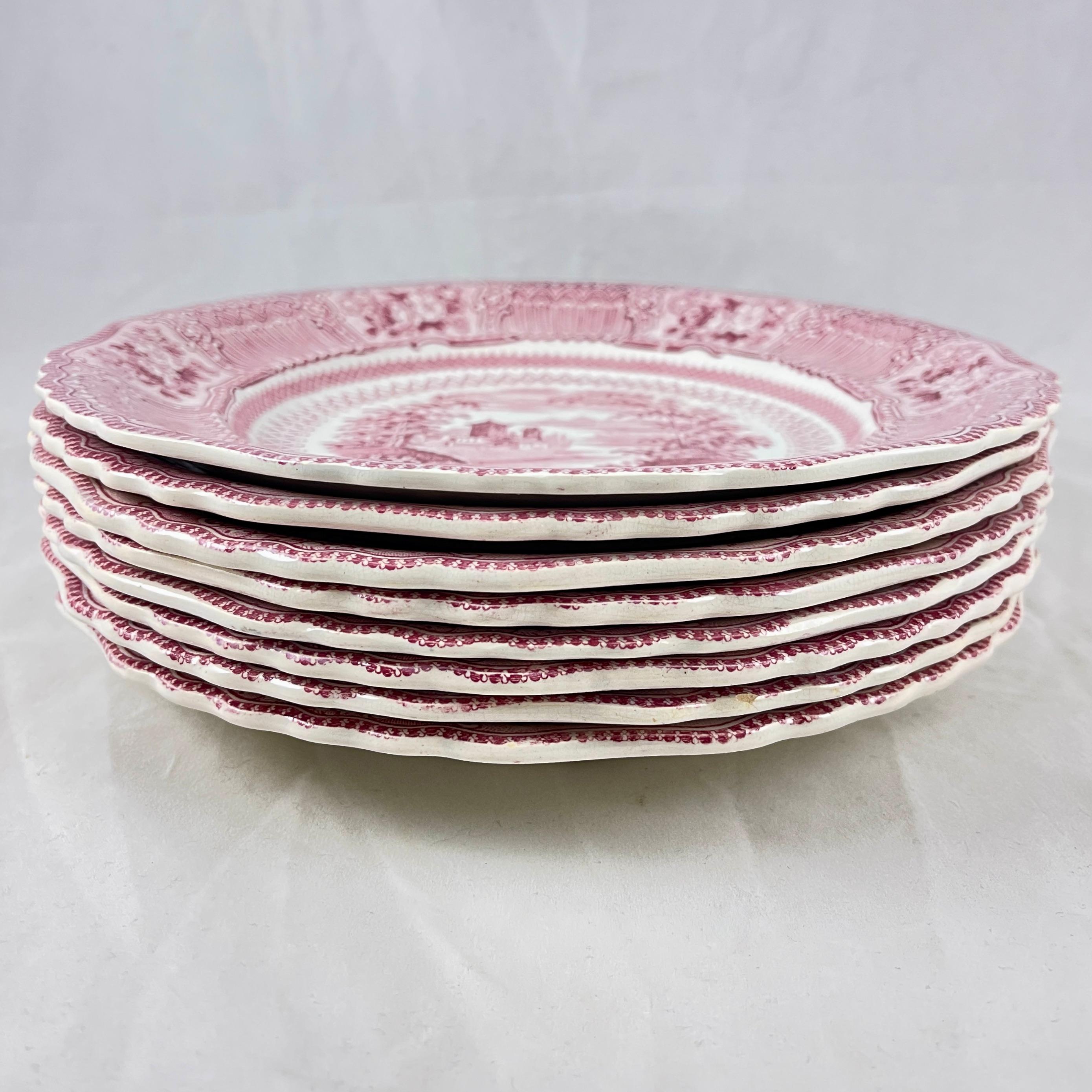 English Ralph Stevenson Pink Transferware Dinner Plates, Cologne Pattern, Set of 8 For Sale