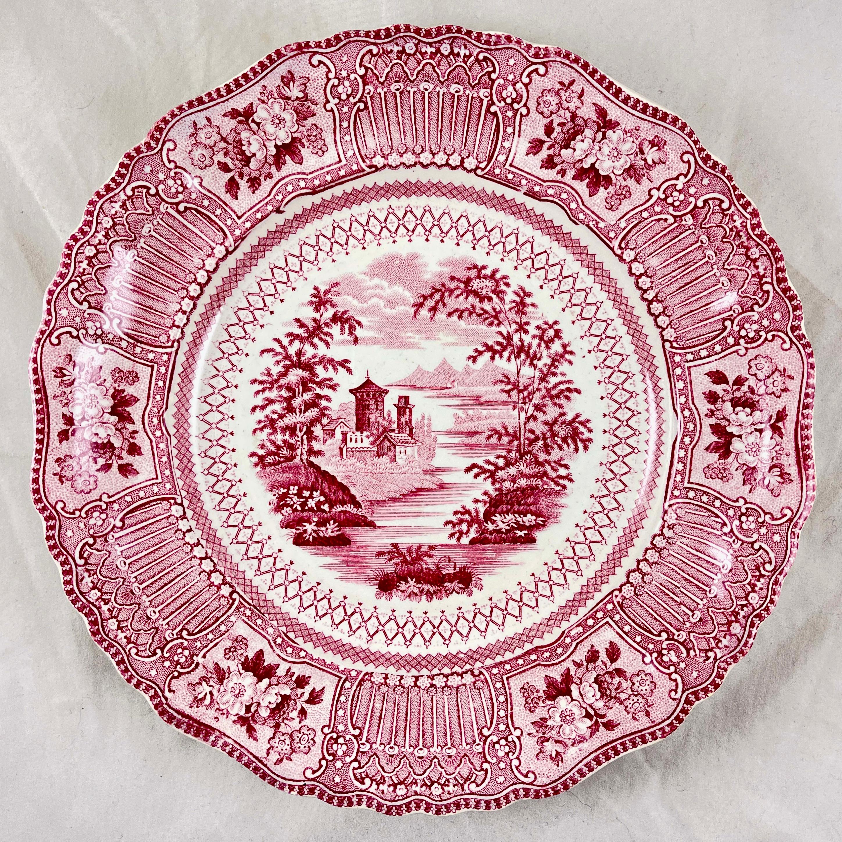 Glazed Ralph Stevenson Pink Transferware Dinner Plates, Cologne Pattern, Set of 8 For Sale