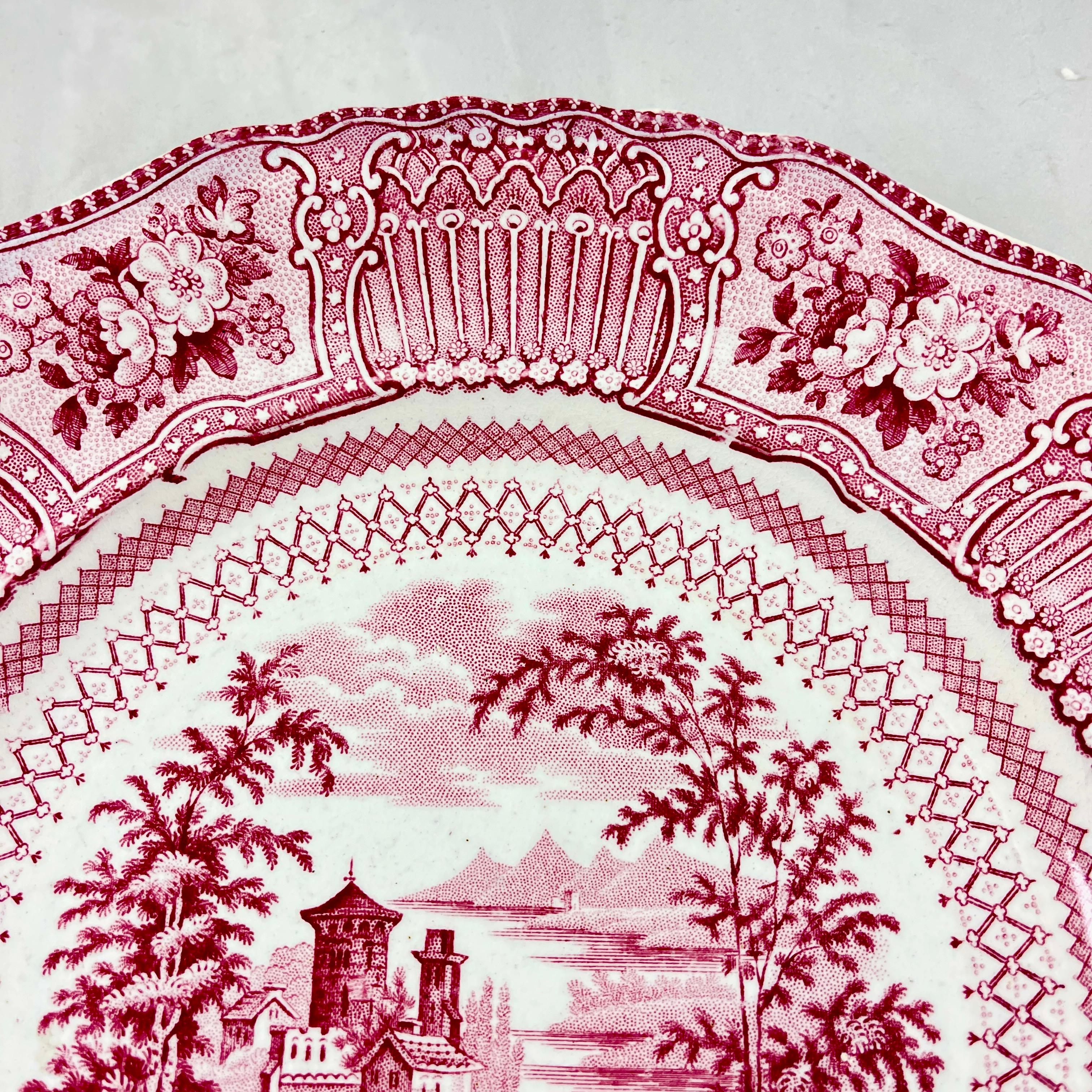 19th Century Ralph Stevenson Pink Transferware Dinner Plates, Cologne Pattern, Set of 8 For Sale