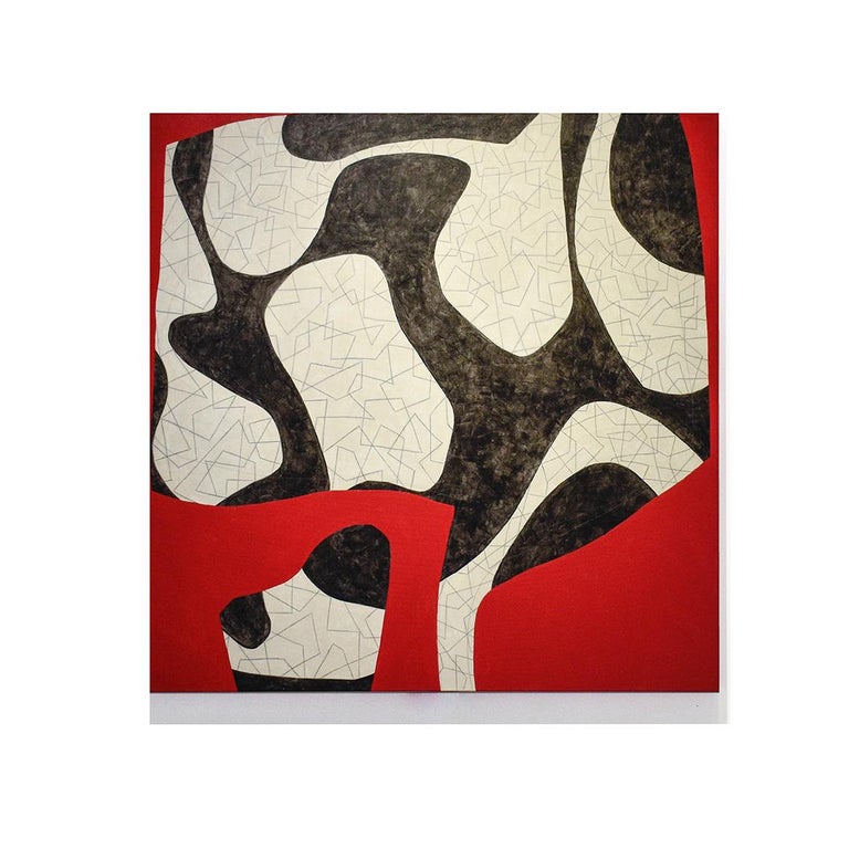 Abstract geometric mid-century modern style painting on canvas in crimson red, black and beige 
