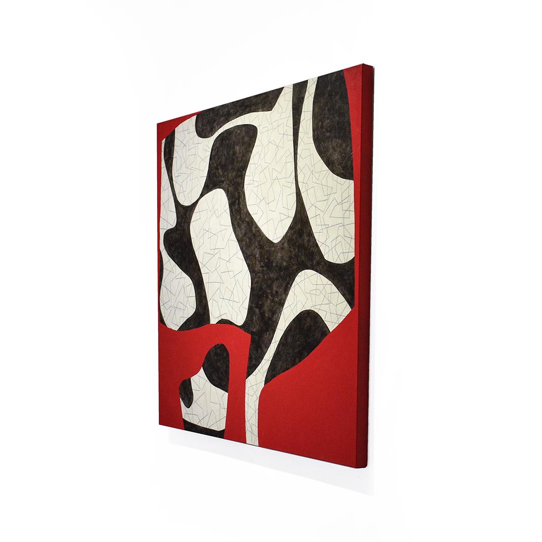 Abstract geometric mid-century modern style painting on canvas in crimson red, black and beige 
