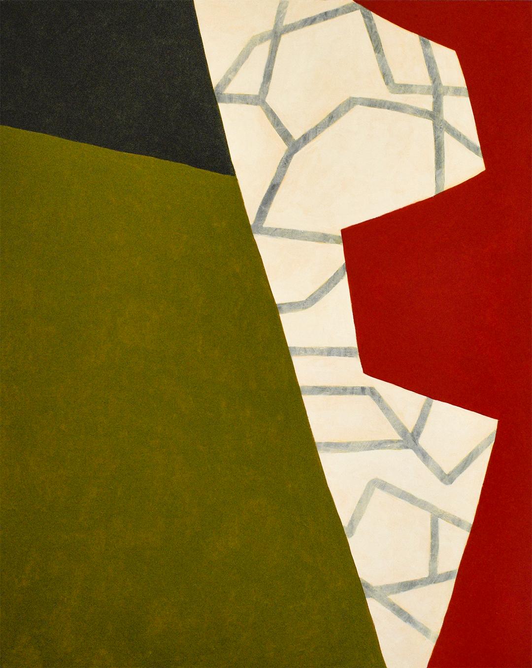 Dagger (Abstract Geometric Green, Red, Black and Beige Painting on Canvas)
