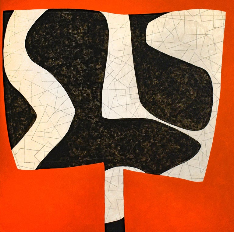 Abstract geometric mid-century modern style painting on canvas in vivid orange, black and beige
"First Variation", painted by Ralph Stout in 2019
40 x 40 inches, acrylic on canvas
Sides are painted black, additional framing is optional
Ready to hang