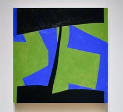 Small 19 (Square Abstract Geometric Painting on Panel in Green, Black, and Blue)