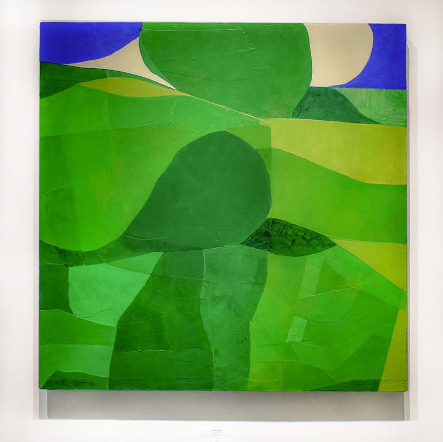 The Hill (Contemporary Square Abstract Landscape in Translucent Green Board) - Painting by Ralph Stout