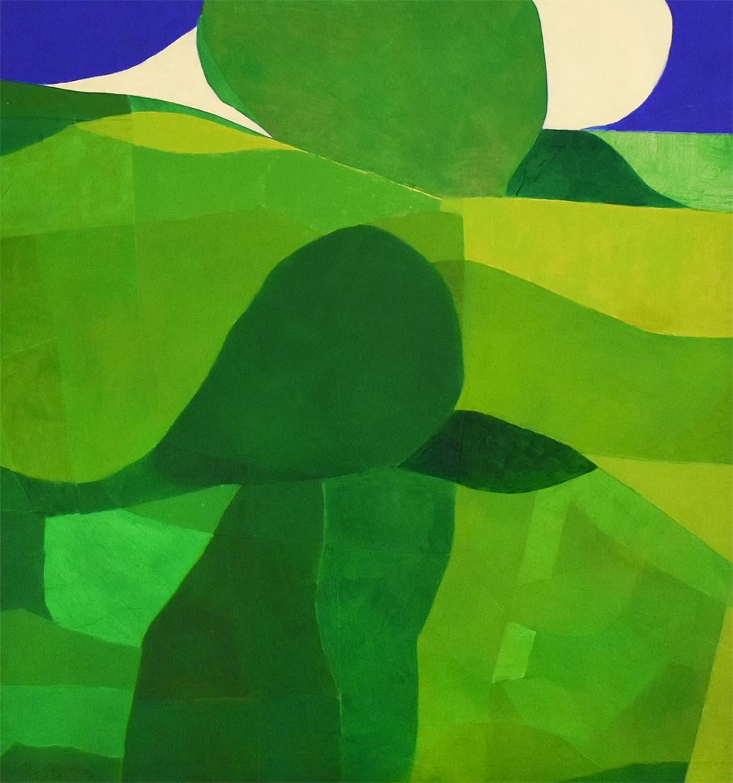 Ralph Stout Abstract Painting - The Hill (Contemporary Square Abstract Landscape in Translucent Green Board)