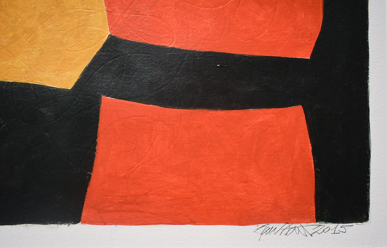 Vase : peinture abstraite moderne du milieu du siècle dernier en rouge, orange, noir et beige, encadré 1